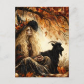 Witch With Coffee and Her Pet Black Goat in Autumn Briefkaart (Voorkant)
