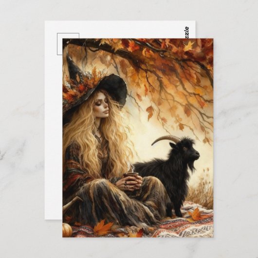 Witch With Coffee and Her Pet Goat in Autumn Briefkaart (Voorkant / Achterkant)