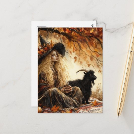Witch With Coffee and Her Pet Goat in Autumn Briefkaart (Voorkant / Achterkant in situ)