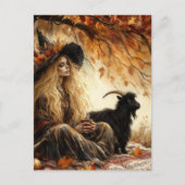 Witch With Coffee and Her Pet Goat in Autumn Briefkaart (Voorkant)