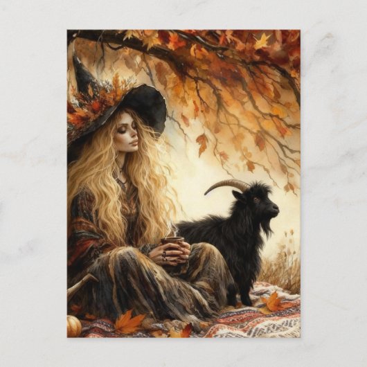 Witch With Coffee and Her Pet Goat in Autumn Briefkaart (Voorkant)