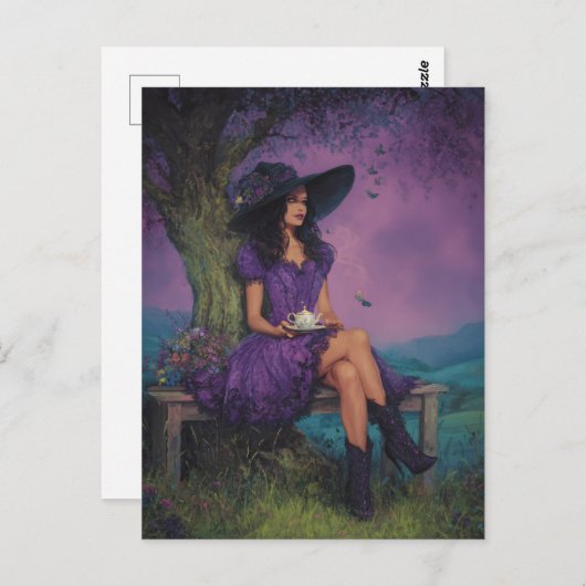 Witch With Tea on a Bench Under a Tree Briefkaart (Voorkant / Achterkant)