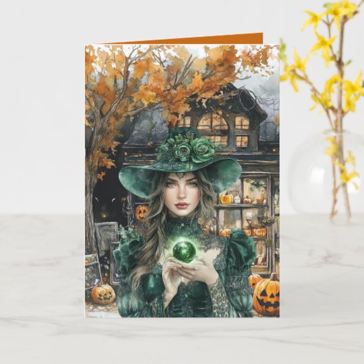 Witch Zet een Spell op u Halloween Kaart (Gele Bloem)