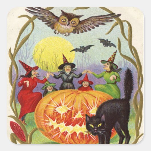 Witches Dancing Around Jack O' Lantern Vierkante Sticker (Voorkant)