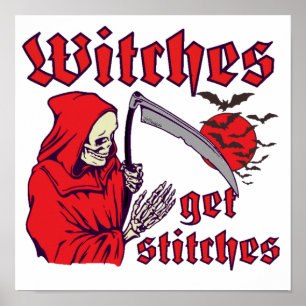 WITCHES KRIJGEN STITCHES grappig eng halloween Poster