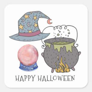 Witches Pet Cauldron Crystal Ball Halloween Vierkante Sticker