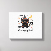 Witching Fun Zwarte Kat met Bezem – Schattigee Hal Canvas Afdruk (Voorkant)