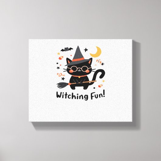 Witching Fun Zwarte Kat met Bezem – Schattigee Hal Canvas Afdruk (Voorkant)