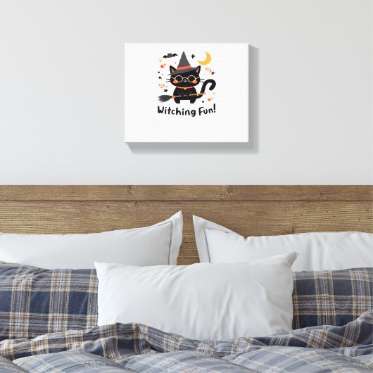 Witching Fun Zwarte Kat met Bezem – Schattigee Hal Canvas Afdruk (Insitu (Slaapkamer))