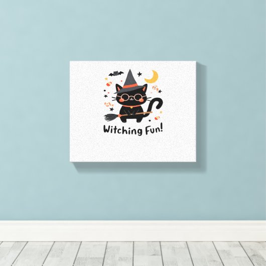 Witching Fun Zwarte Kat met Bezem – Schattigee Hal Canvas Afdruk (Insitu (Houten vloer))