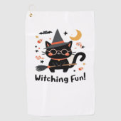 Witching Fun Zwarte Kat met Bezem – Schattigee Hal Golfhanddoek (Voorkant)