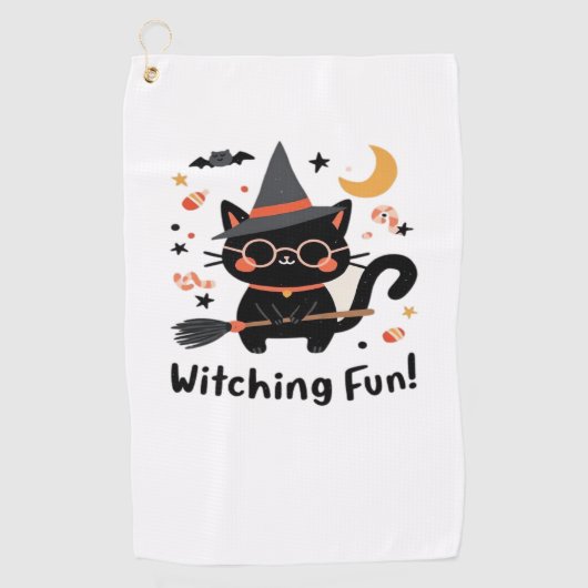 Witching Fun Zwarte Kat met Bezem – Schattigee Hal Golfhanddoek (Voorkant)