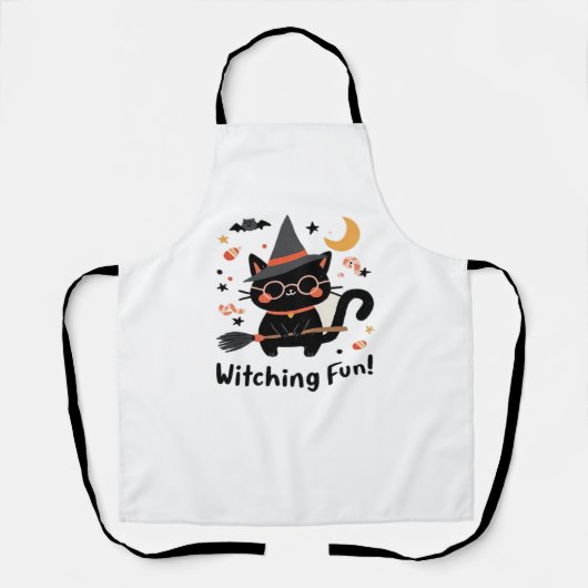 Witching Fun Zwarte Kat met Bezem – Schattigee Hal Schort (Voorkant)