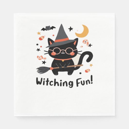 Witching Fun Zwarte Kat met Bezem – Schattigee Hal Servet (Voorkant)