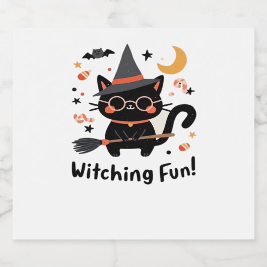 Witching Fun Zwarte Kat met Bezem – Schattigee Hal Sparkling Wijnetiket (Enkel label)