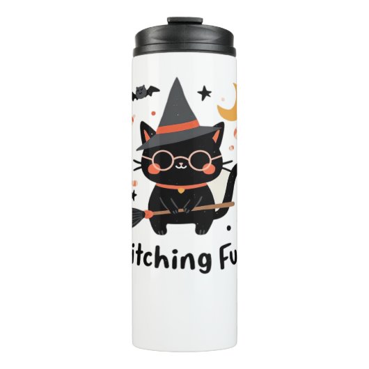 Witching Fun Zwarte Kat met Bezem – Schattigee Hal Thermosbeker (Voorkant)