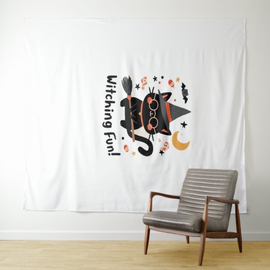 Witching Fun Zwarte Kat met Bezem – Schattigee Hal Wandkleed (In Situ (horizontaal))