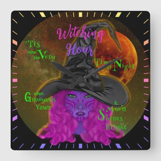 Witching Hour Groene-ogige Heks Vierkante Klok (Voorkant)