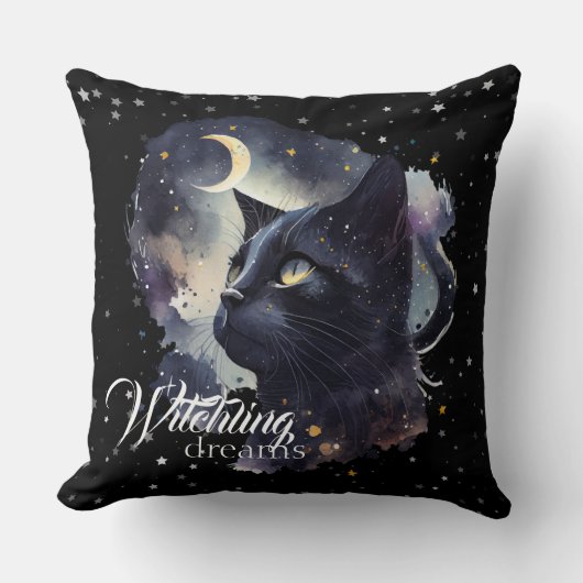 Witchling Dreams Zwarte kat en sterren Kussen (Voorkant)