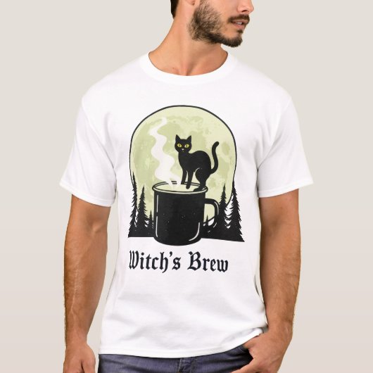 Witch's Brew Black Cat Coffee Moon Design T-shirt (Voorkant)