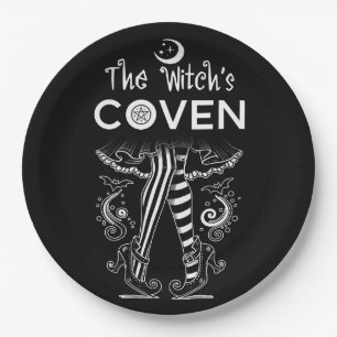 Witch's Coven Witch Legs Zwart Wit Halloween Papieren Bordje