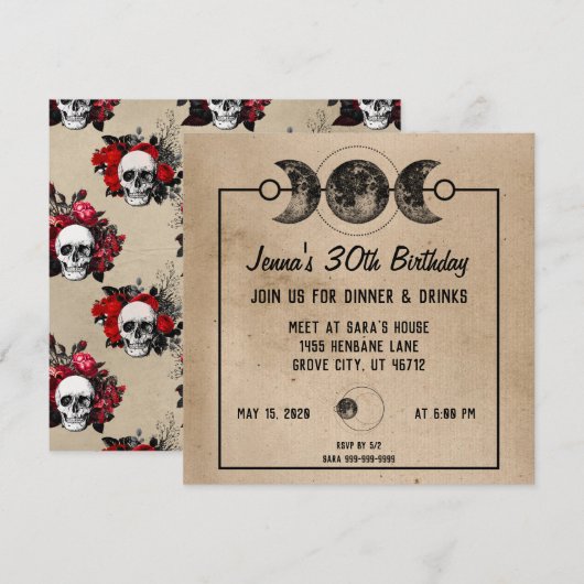 Witchy Birthday Invitations Rozen & Skulls Gothic Kaart (Voorkant / Achterkant)