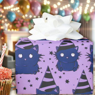 Witchy Gothic Sassy Paarse Zwart Kitty Kat Verjaar Cadeaupapier