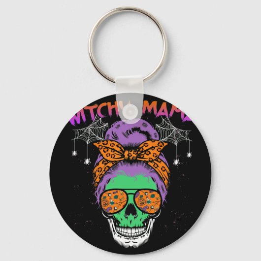 Witchy Mama Halloween Skull Witch Mam Sleutelhanger (Voorkant)
