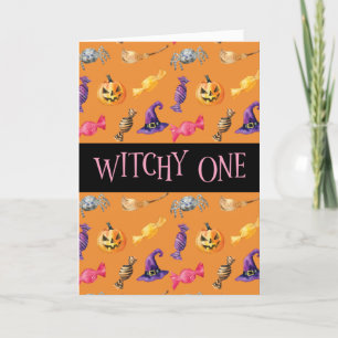 "Witchy One" Oranje Halloween Pattern Kaart