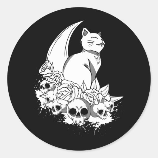 Witchy Pastel Gothic Creepy Skulls Gothic Cat Ronde Sticker (Voorkant)