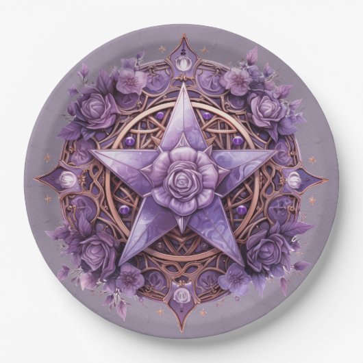 Witchy Pentacle Party Bord – Paarse Rozen ontwerp (Voorkant)