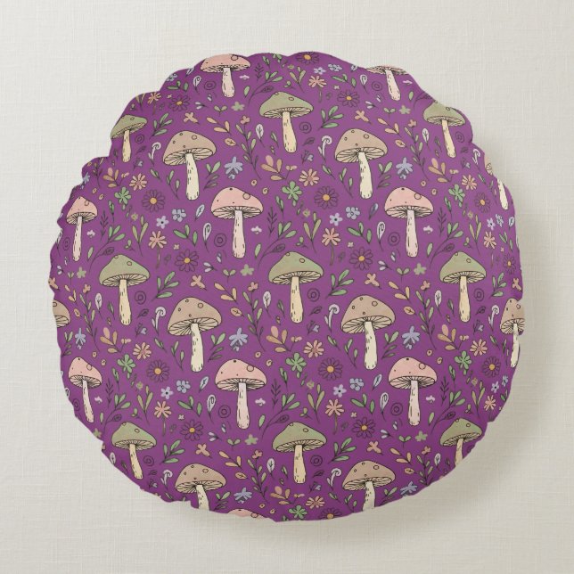 Witchy Plum Purple Fungi Seamless Pattern Gift Rond Kussen (Voorkant)