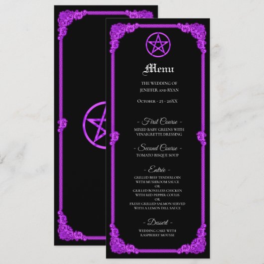 Witchy purple Glow Gothic Wedding Menu (Devant / Derrière)