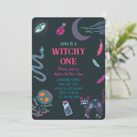 Witchy Un 1er anniversaire halloween Invitation (Debout devant)