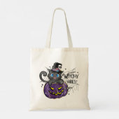 Witchy Vibes | WItch Black Cat en Jack-O-Lantern Tote Bag (Achterkant)