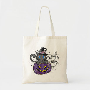 Witchy Vibes   WItch Black Cat en Jack-O-Lantern Tote Bag