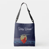 Witchy Woman in Red Floating over City Moon Blue Crossbody Tas (Achterkant)