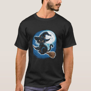 Witchy zwarte kat op een bezemsteel met volle maan t-shirt