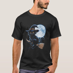 Witchy zwarte kat op een bezemsteel met volle maan t-shirt