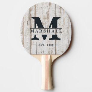 Witgewasemde Houten Planken Monogram & Naam Overla Tafeltennisbatje