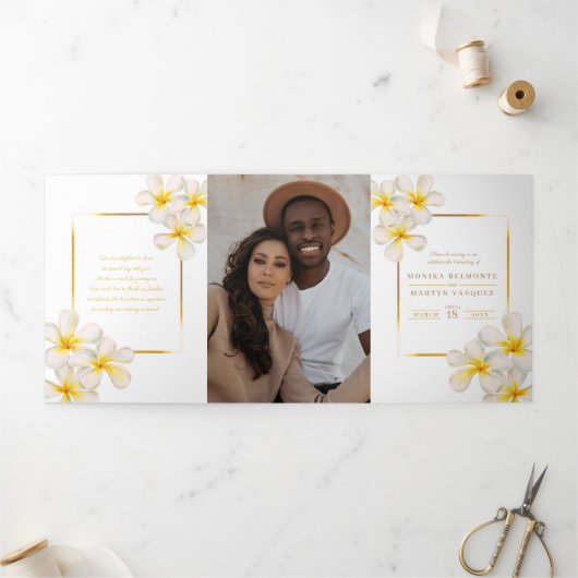 Witgoud Frangipani bloemen bruiloft Drieluik Programma (Buitenkant)