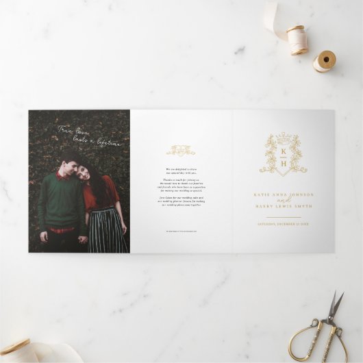 Witgouden foto kroon monogram bruiloft drieluik programma (Buitenkant)