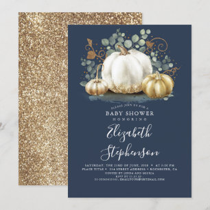 Witgouden pompoenen Navy Blue Herfst Baby shower Kaart