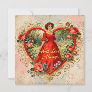 With Love Always Vintage Lady with Floral Heart Kaart