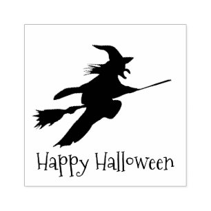 Witje op Broomstick Halloween Design Wooden Stamp Rubberstempel