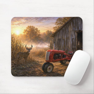 Witstaarthert en antieke tractor in ochtendmist muismat