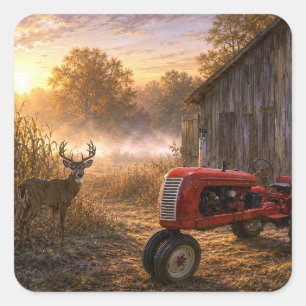 Witstaarthert en antieke tractor in ochtendmist vierkante sticker