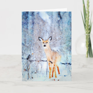 Witstaarthert in Sneeuw Aquarel Schilderij Blanco Kaart