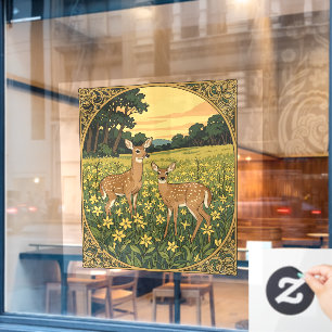 Witstaarthinde en Jong met Gele Bloemen Raamsticker