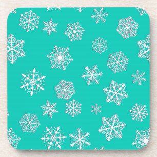 Witte 3D-sneeuwvlokken op een turquoise achtergron Bier Onderzetter